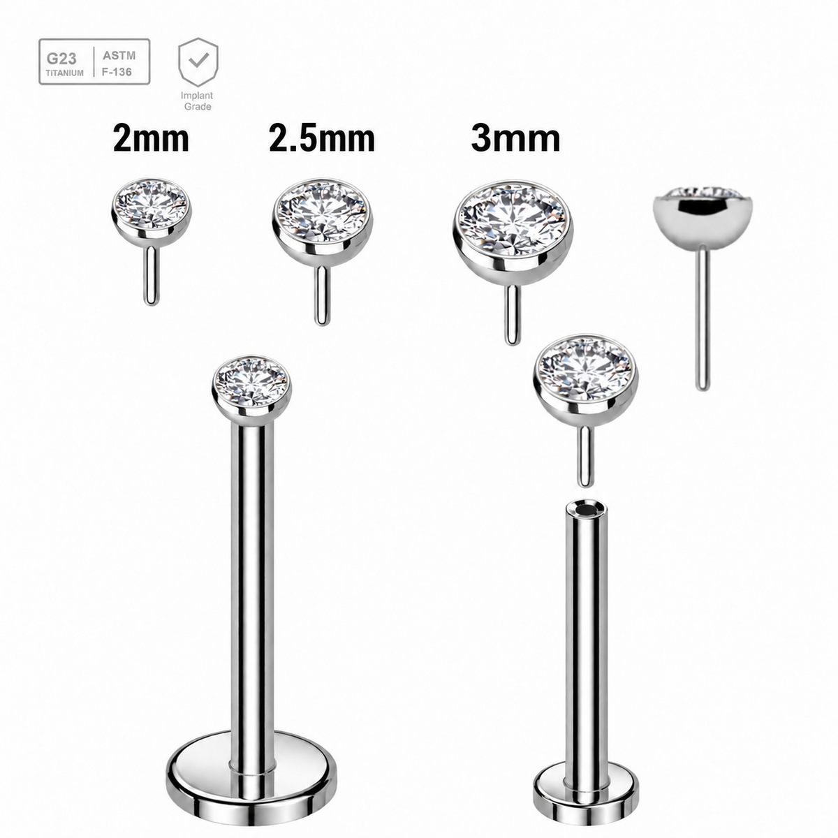 Threadless Titanium Labret Top 1mm Flat Jewel Ball — Titanium silver color, clear CZ/crystal, size and threadless assembly views