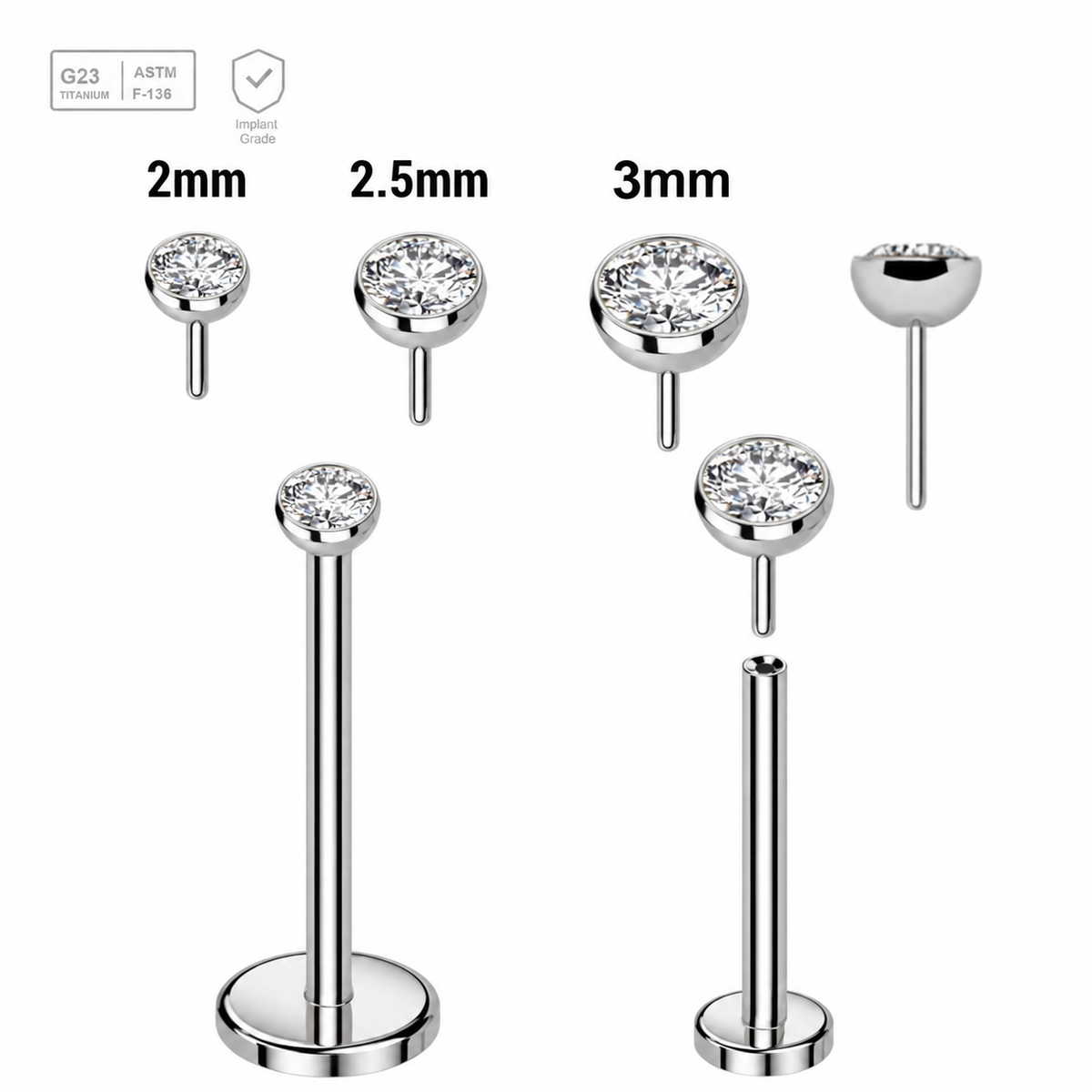 Threadless Titanium Labret Top 0.8mm Flat Jewel Ball — Titanium silver color, clear CZ/crystal, size and threadless assembly views