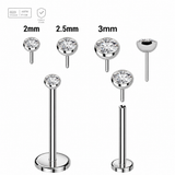 Threadless Titanium Labret Top 0.8mm Flat Jewel Ball — Titanium silver color, clear CZ/crystal, size and threadless assembly views