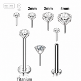 Threadless Titanium Labret 1mm Prong Round CZ Stones — Titanium silver color, clear CZ/crystal, size and threadless assembly views