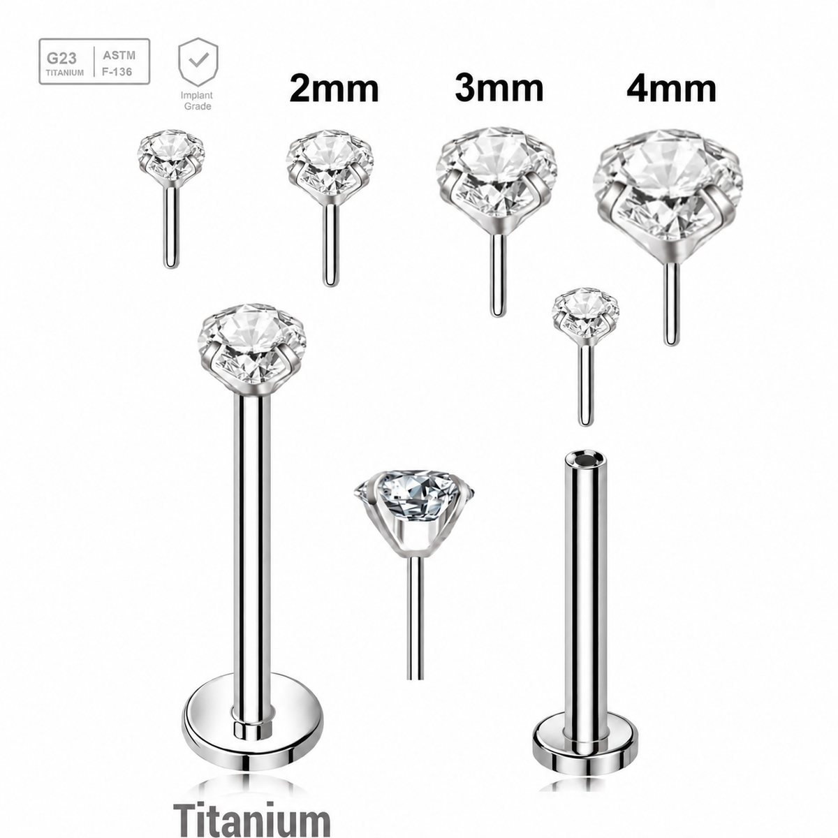 Threadless Titanium Labret 1mm Prong Round CZ Stones — Titanium silver color, clear CZ/crystal, size and threadless assembly views