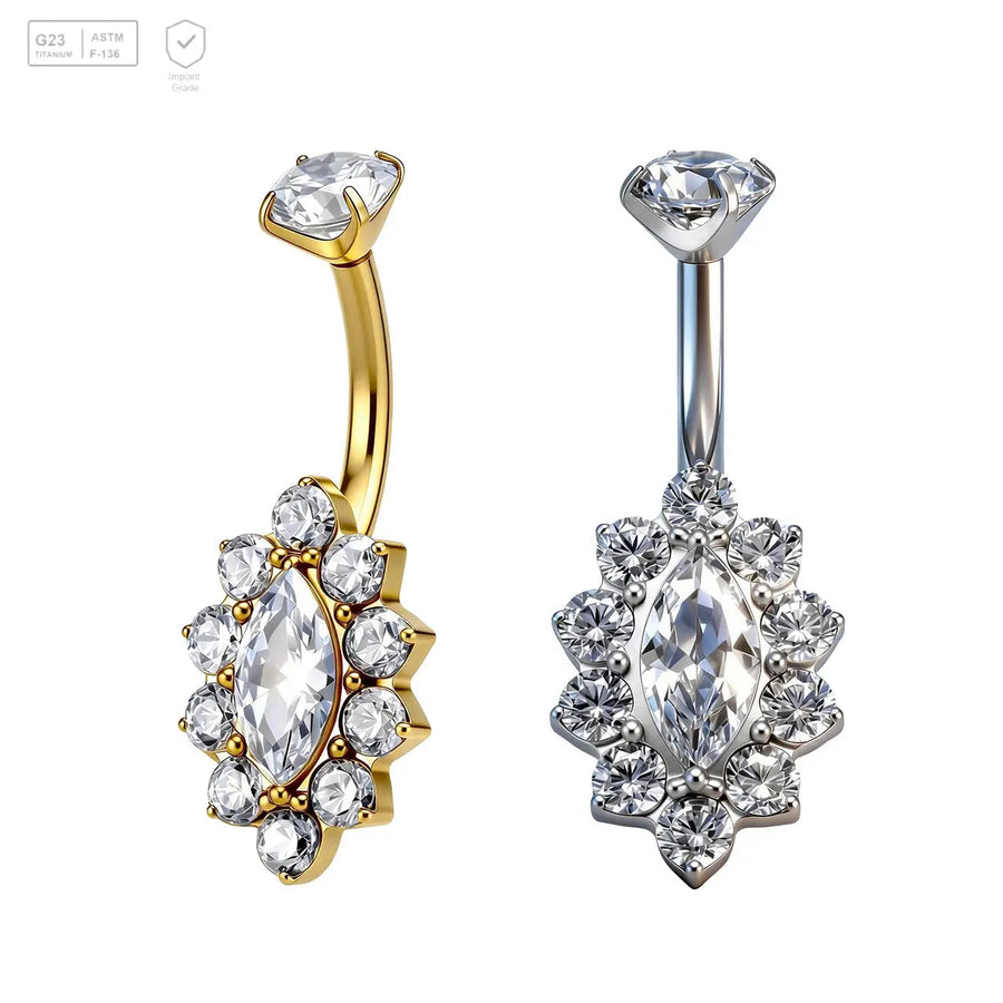 Oval Gem Floral Halo Titanium Belly Bar