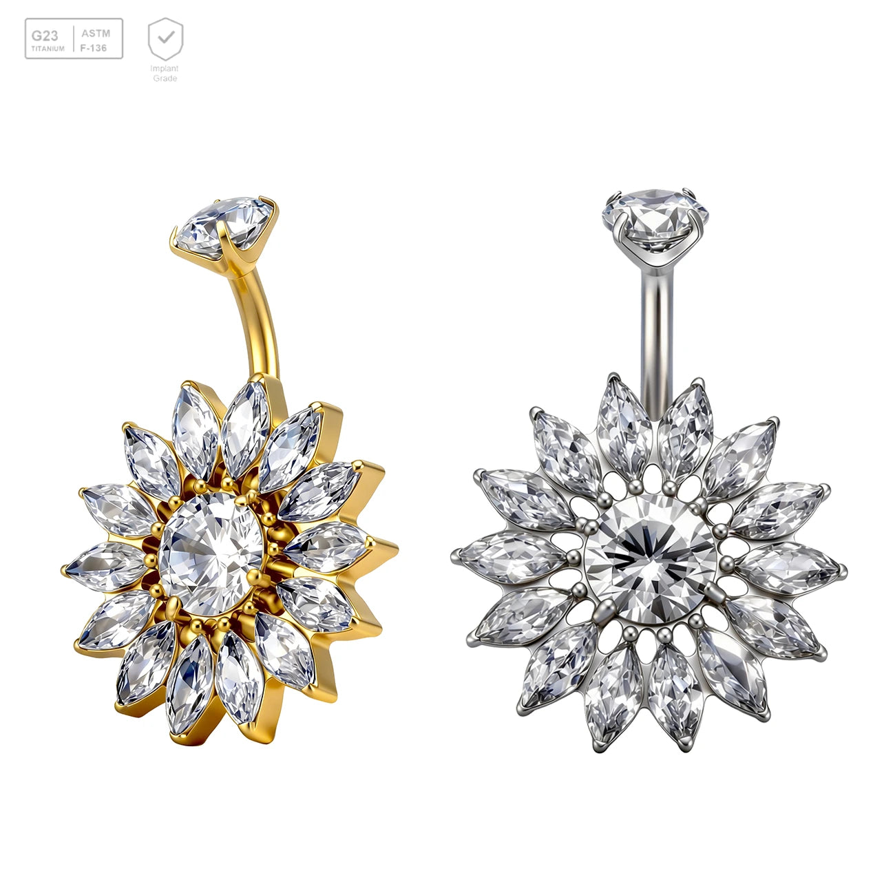 Pack of 5 G23 ASTM F136 Titanium Curved Barbell Banana | High End Navel Sunflower Belly Button Ring with Delicate Zircon