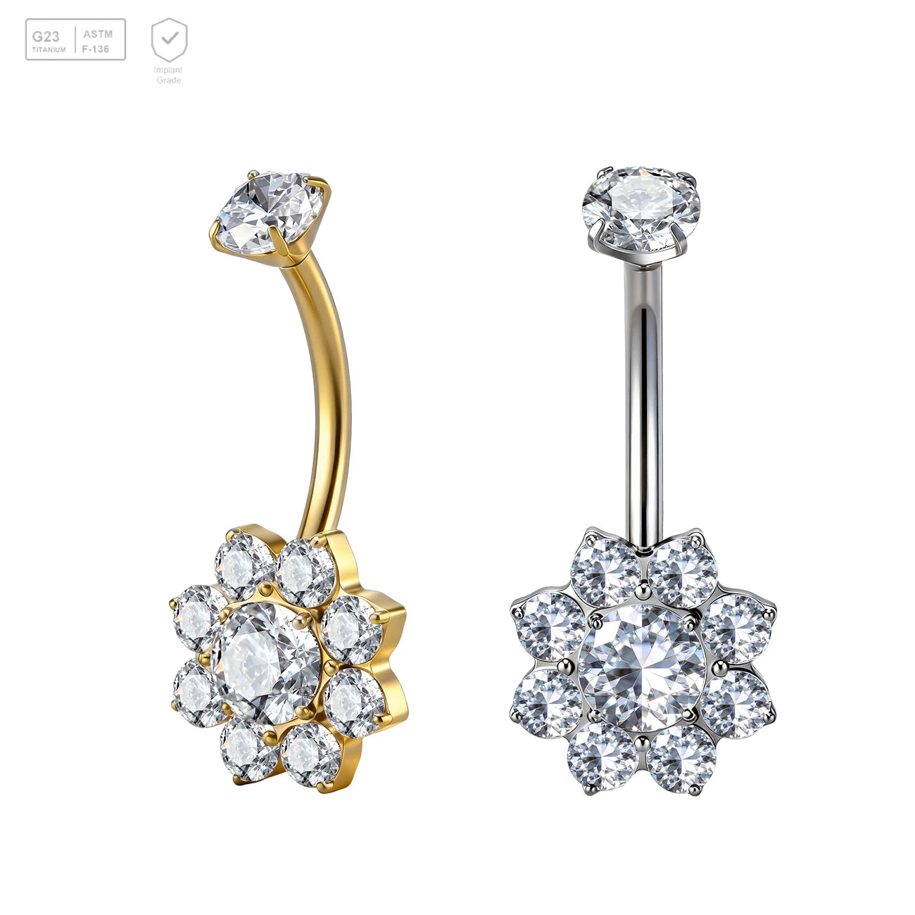 Pack of 5 G23 ASTM F136 Titanium Curved Barbell Banana | Flower Zircon Navel Ring Belly Button Piercing Wedding