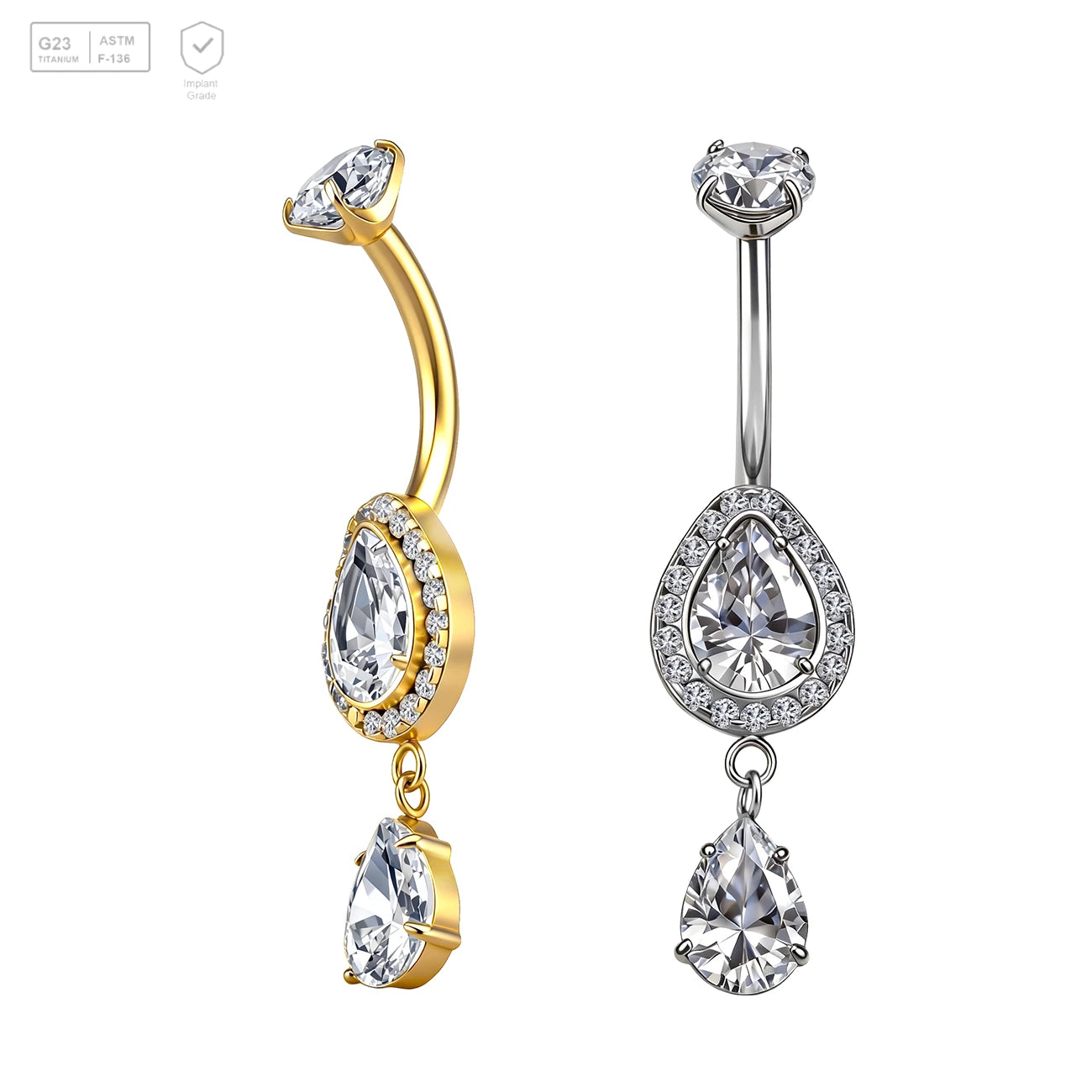 Pack of 5 G23 ASTM F136 Titanium Curved Barbell Banana | Water Drop Shape Belly Button Ring with Gold Plated Navel Studs Piercing