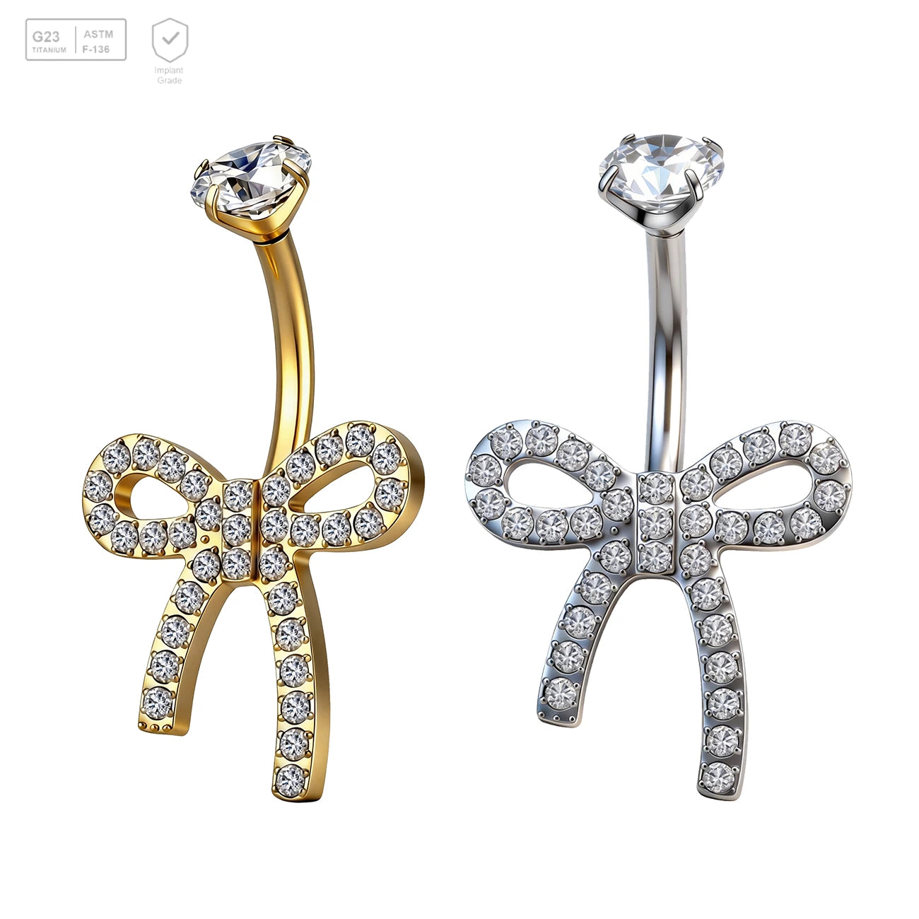 Pack of 5 G23 ASTM F136 Titanium Curved Barbell Banana | Vintage Gold Plated Bowknot Belly Button Ring Navel Body Piercing Zircon for