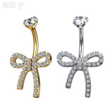 Pack of 5 G23 ASTM F136 Titanium Curved Barbell Banana | Vintage Gold Plated Bowknot Belly Button Ring Navel Body Piercing Zircon for