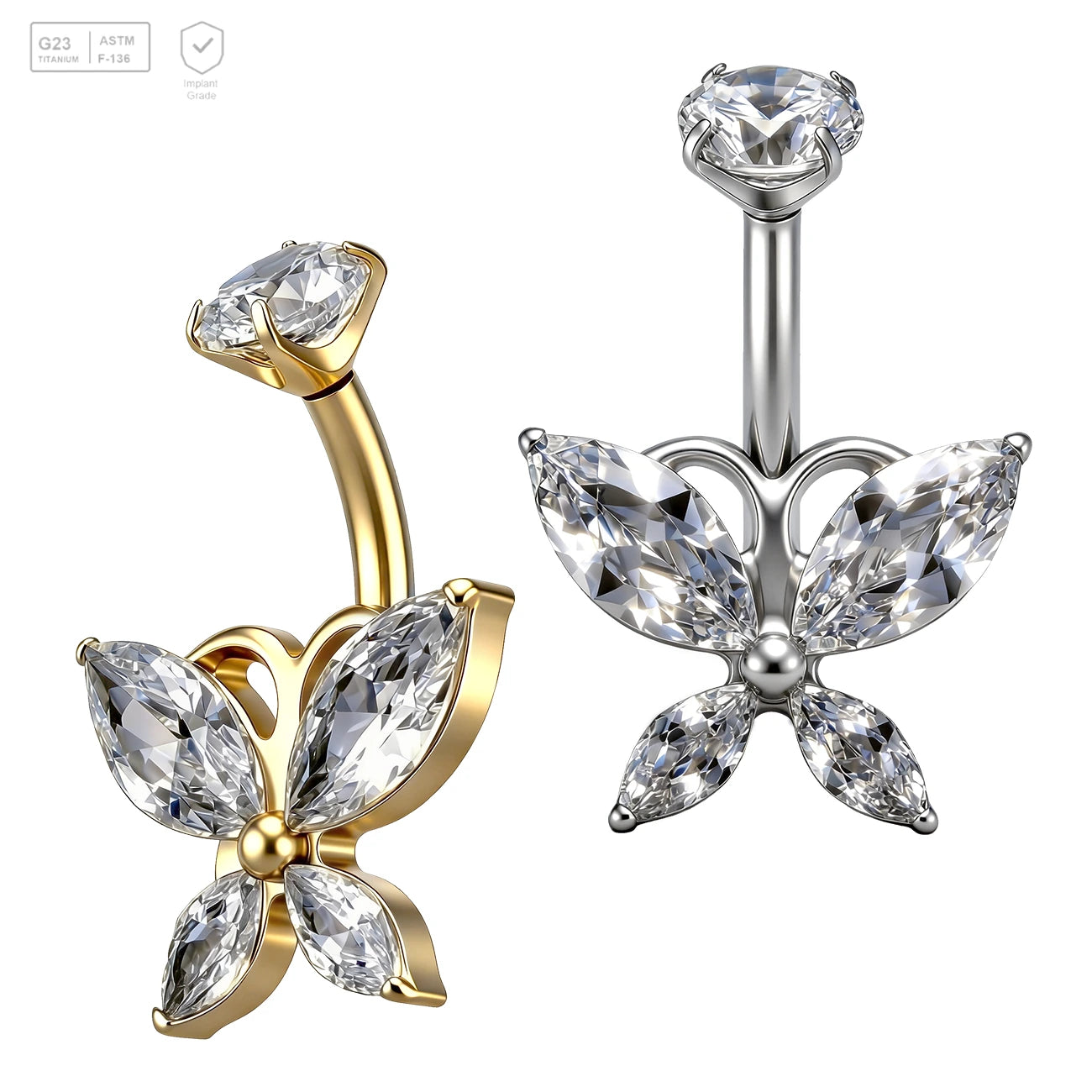 Pack of 5 G23 ASTM F136 Titanium Curved Barbell Banana | Zircon Butterfly Navel Ring Stylish Bell Button Rings Body Piercing