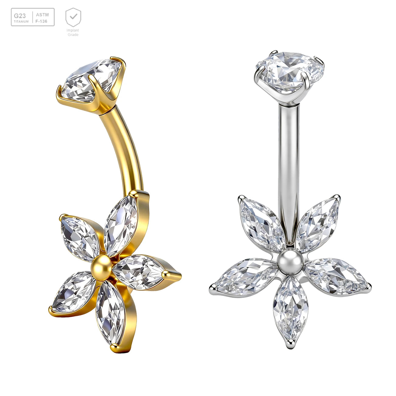 Pack of 5 G23 ASTM F136 Titanium Curved Barbell Banana | Vintage Navel Ring and Belly Button Stud Alloy Piercing with Zircon Stylish