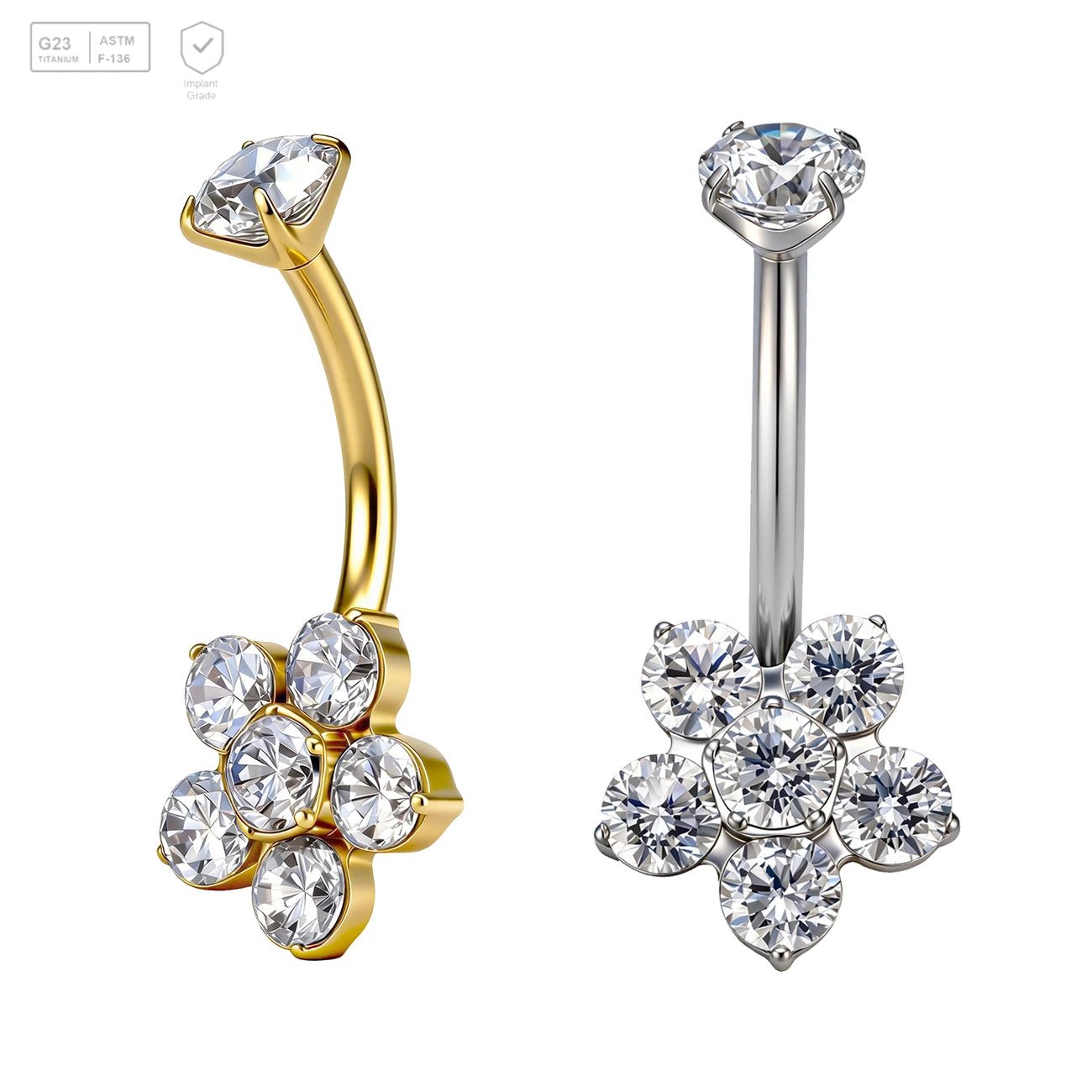 Pack of 5 G23 ASTM F136 Titanium Curved Barbell Banana | Gold Plated Zircon Belly Button Ring Navel Piercing