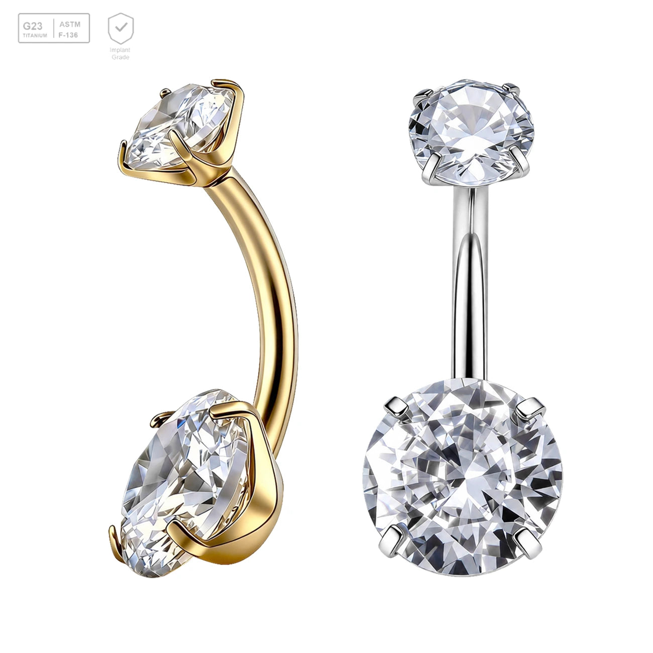Pack of 5 G23 ASTM F136 Titanium Curved Barbell Banana | 14G Prong Set CZ Inlay Eyebrow Belly Button Ring Earrings Lip Piercing