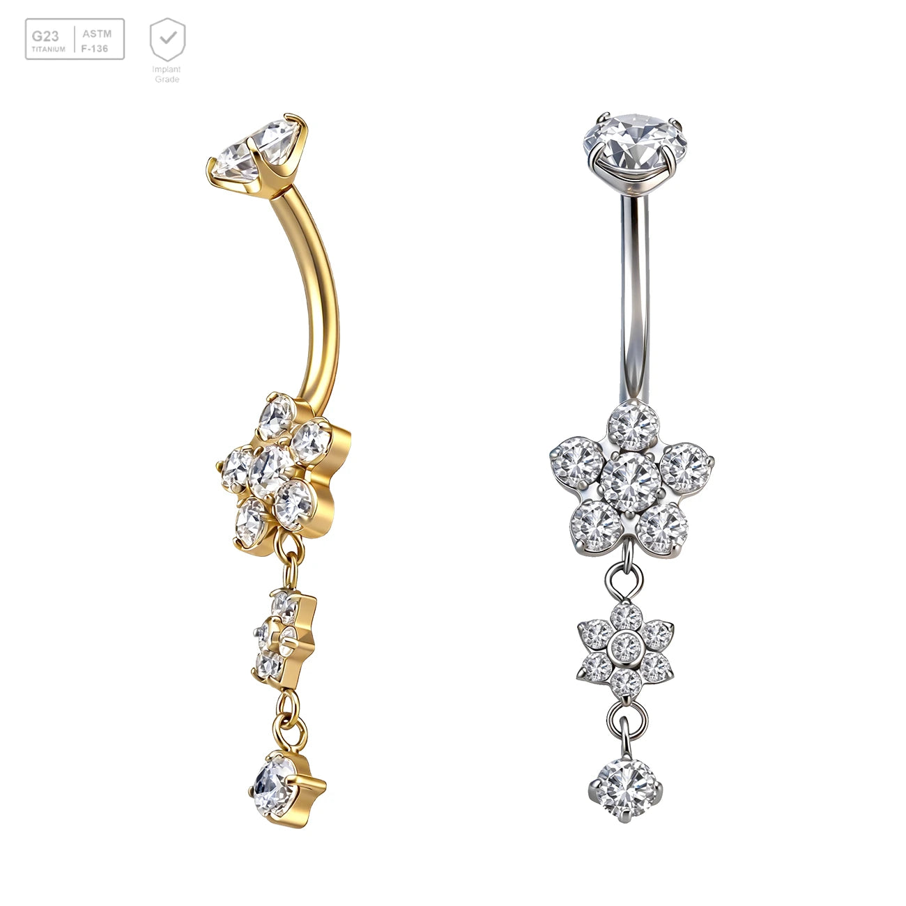 Pack of 5 G23 ASTM F136 Titanium Curved Barbell Banana | Belly Button Rings Cubic Zirconia Dangle Floating Navel Rings Helix Stud