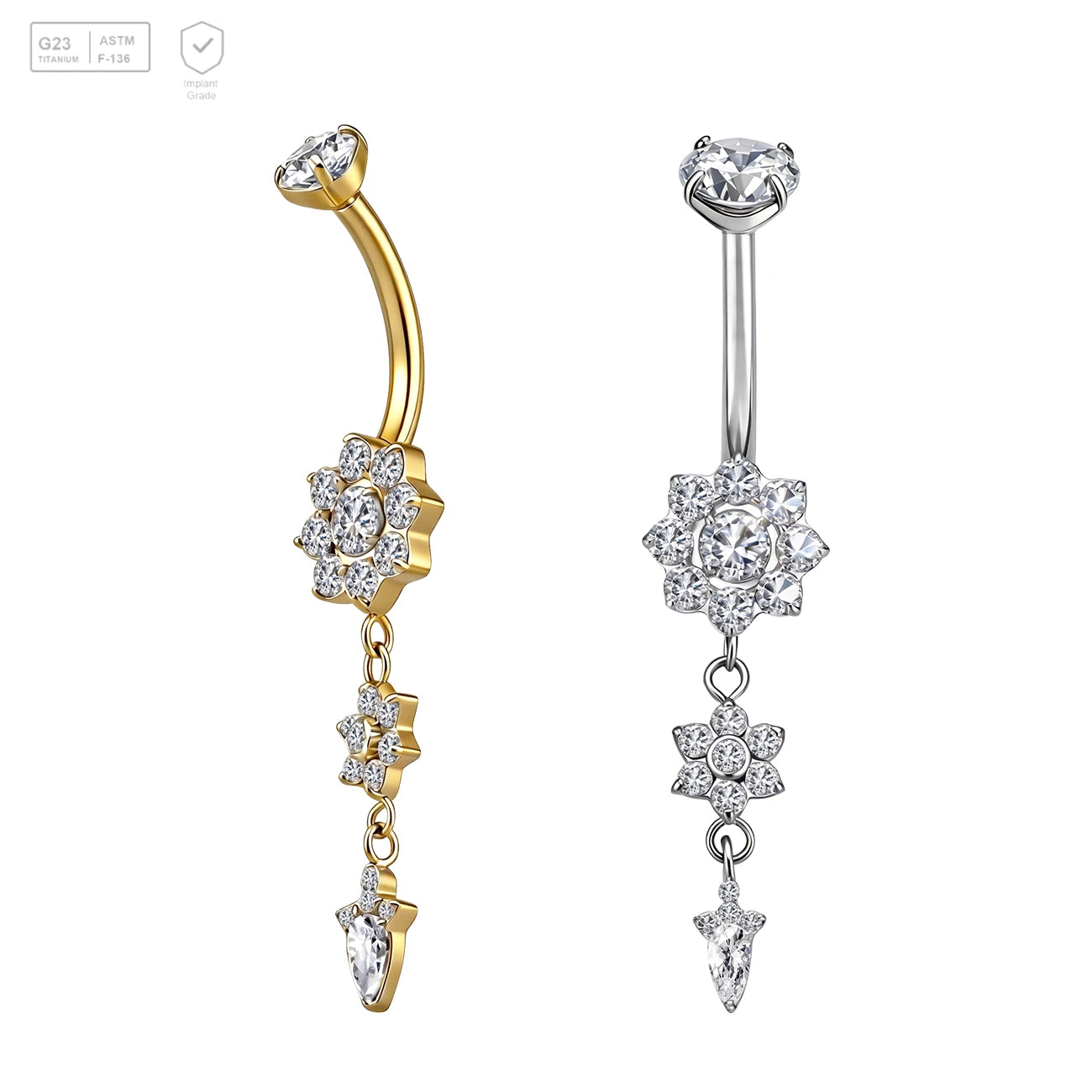 Pack of 5 G23 ASTM F136 Titanium Curved Barbell Banana | Flower Belly Button Ring Rose Gold Plated 40.8mm Length 16mm Bar Unisex Belly