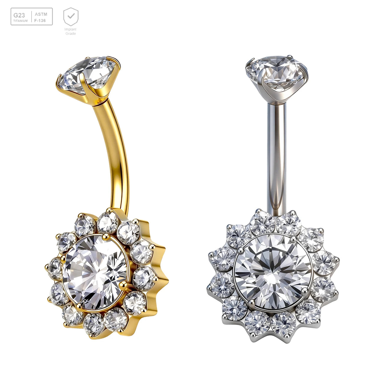 Pack of 5 G23 ASTM F136 Titanium Curved Barbell Banana | Flower Shaped Belly Button Ring with Zircon Gold Plated