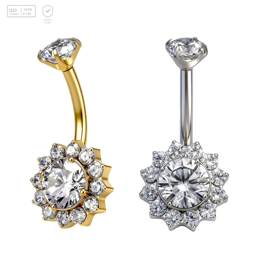 Round Gem Flower Halo Titanium Belly Bar