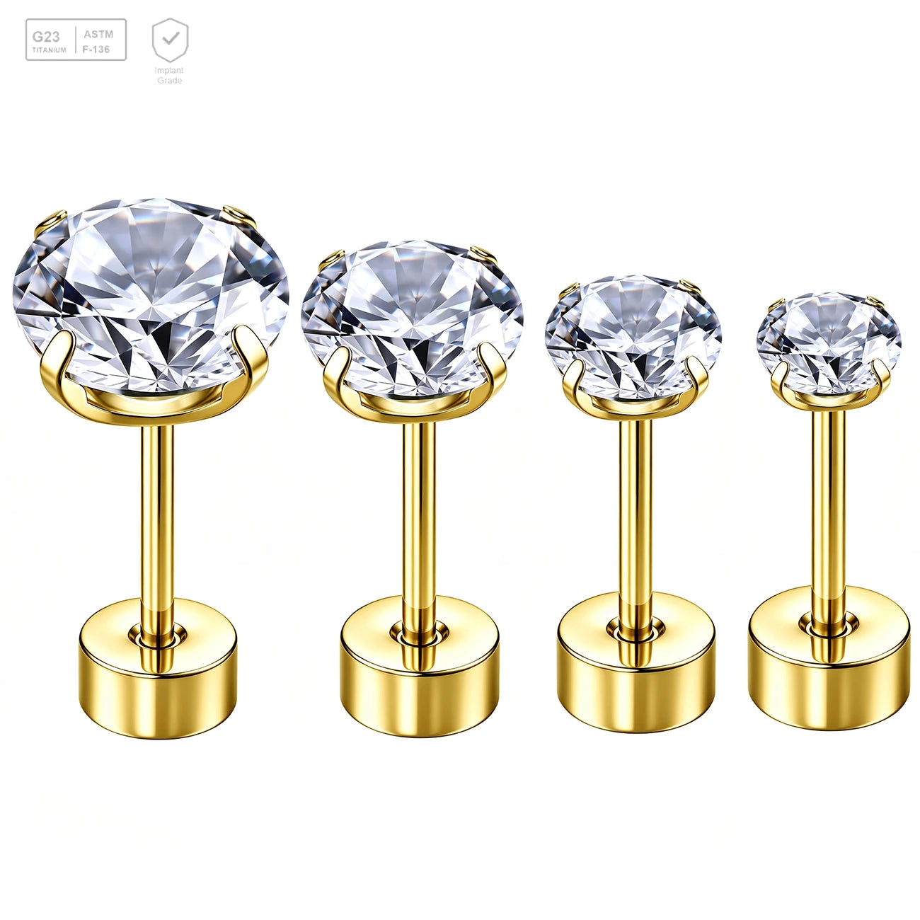 Pack of 5 G23 ASTM F136 Titanium Piercing Earrings | Threaded Piercing Ear Studs Gold Plated Flat Back Earrings Round Zircon Ear Tragus Cartilage