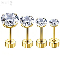 Pack of 5 G23 ASTM F136 Titanium Piercing Earrings | Threaded Piercing Ear Studs Gold Plated Flat Back Earrings Round Zircon Ear Tragus Cartilage
