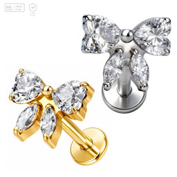 Pack of 5 G23 ASTM F136 Titanium Labret Stud | Threadless Push-In & Internally Threaded | Gold Bowknot CZ Flat Back Stud