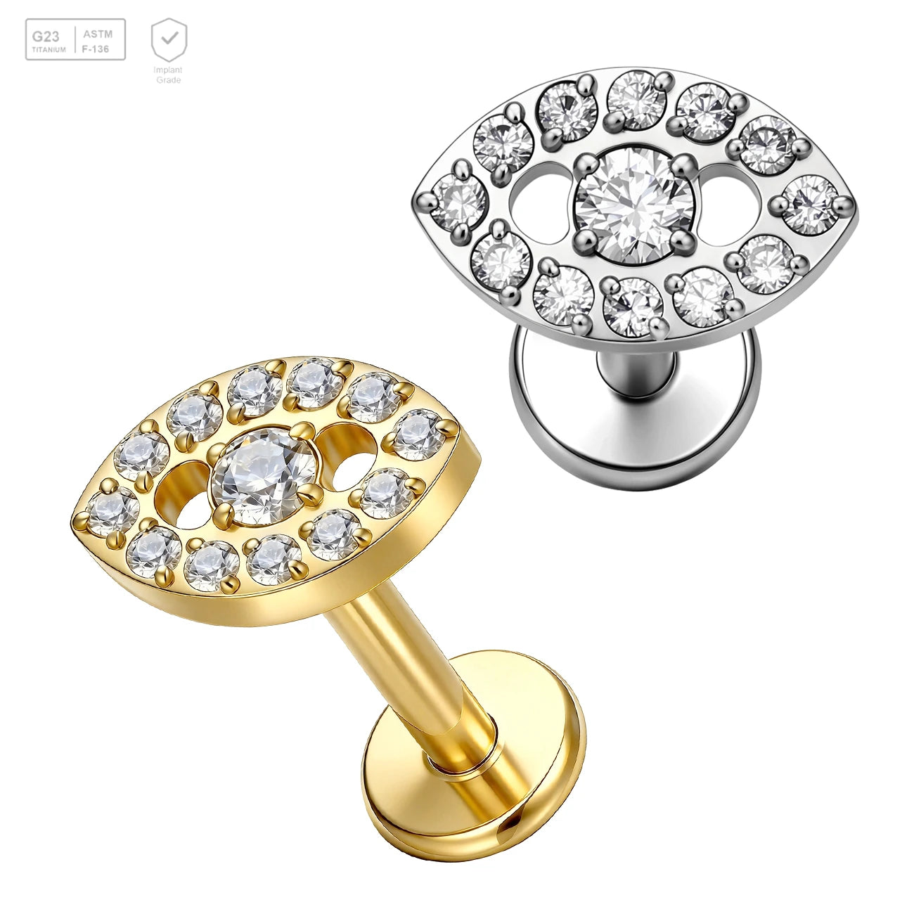 Pack of 5 G23 ASTM F136 Titanium Labret Stud | Threadless Push-In & Internally Threaded | Eye Design CZ Wedding Unisex 18K