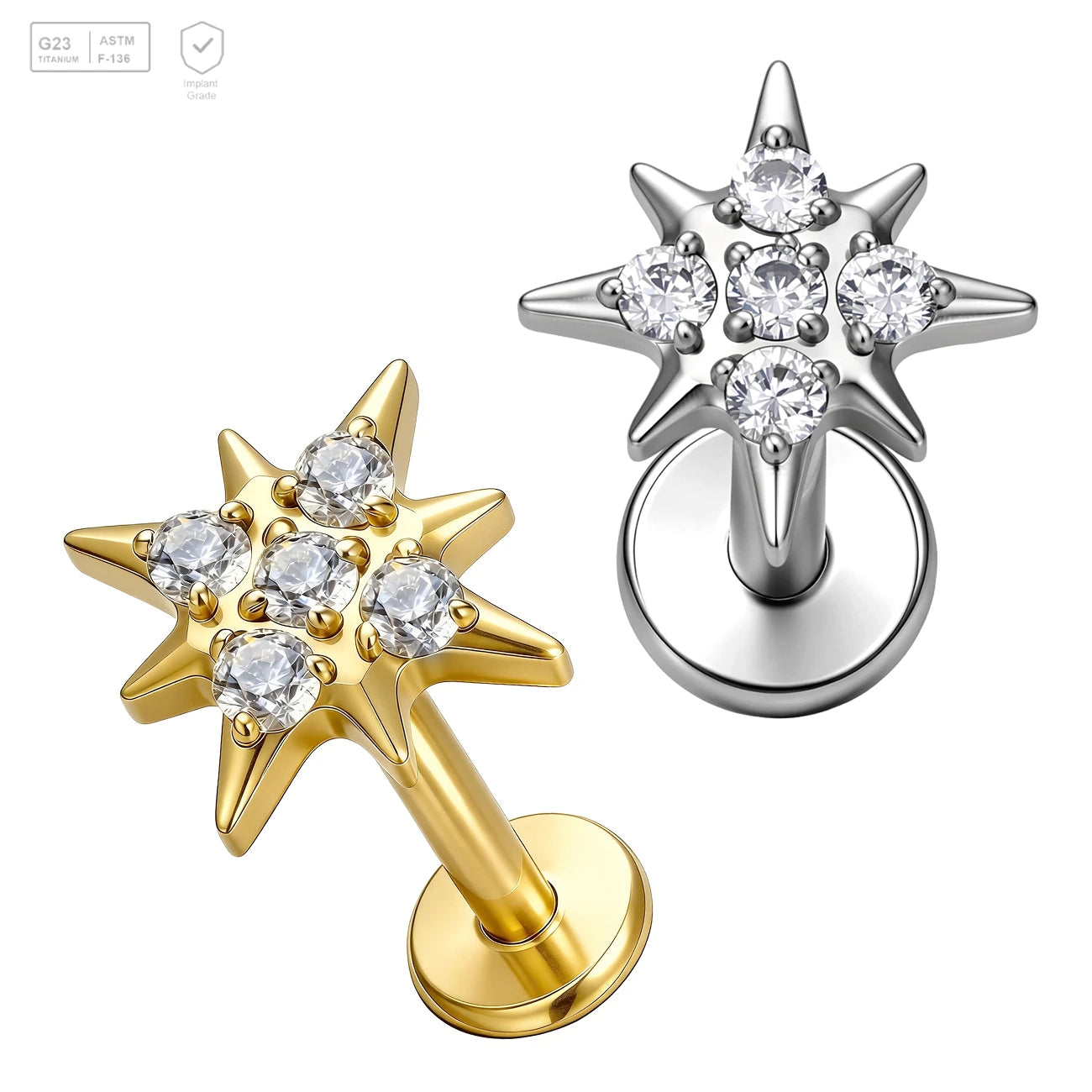 Pack of 5 G23 ASTM F136 Titanium Labret Stud | Threadless Push-In & Internally Threaded | Zircon Body Piercing Ear Stud Gold