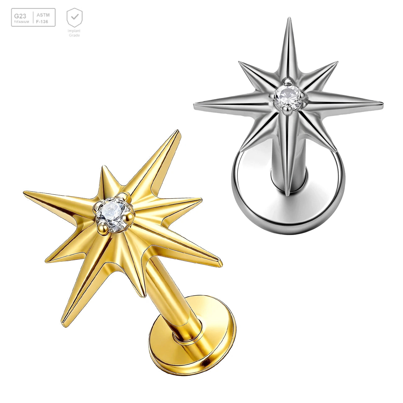 Pack of 5 G23 ASTM F136 Titanium Labret Stud | Threadless Push-In & Internally Threaded | North Star Stud Earring with