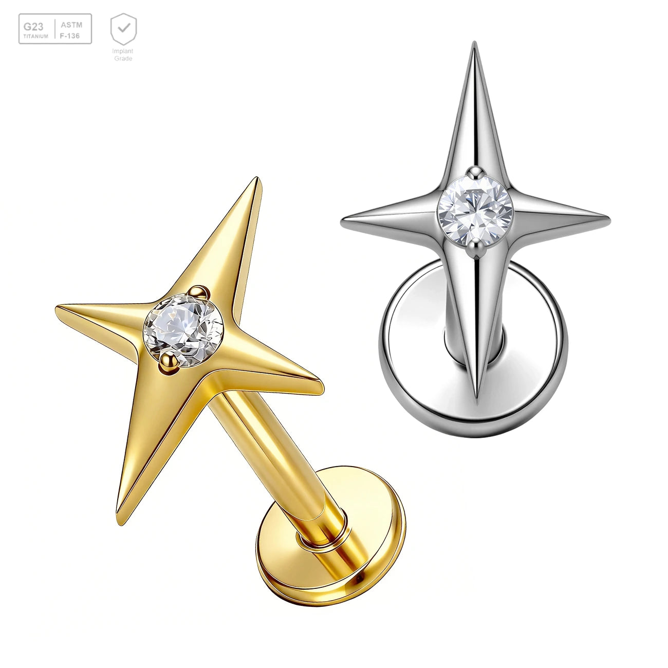 Pack of 5 G23 ASTM F136 Titanium Labret Stud | Threadless Push-In & Internally Threaded | Gold Plated Ear Studs with Star