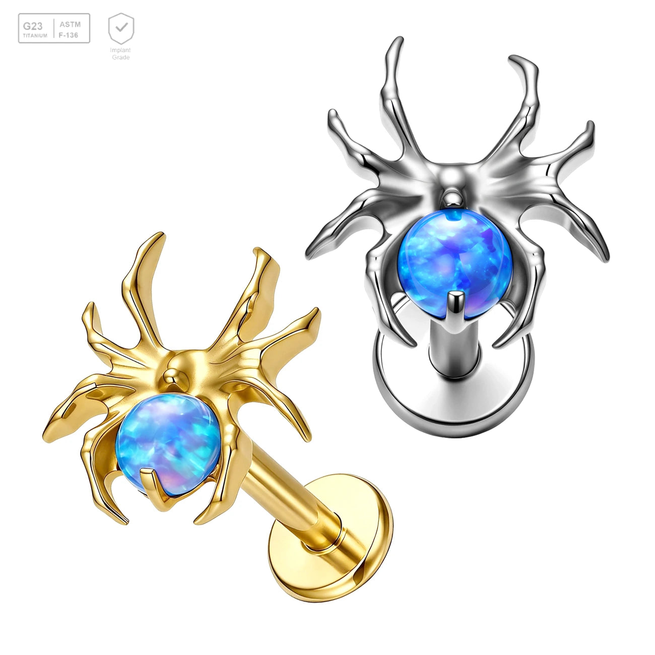 Pack of 5 G23 ASTM F136 Titanium Labret Stud | Threadless Push-In & Internally Threaded | Spider Stud Earrings with Opal