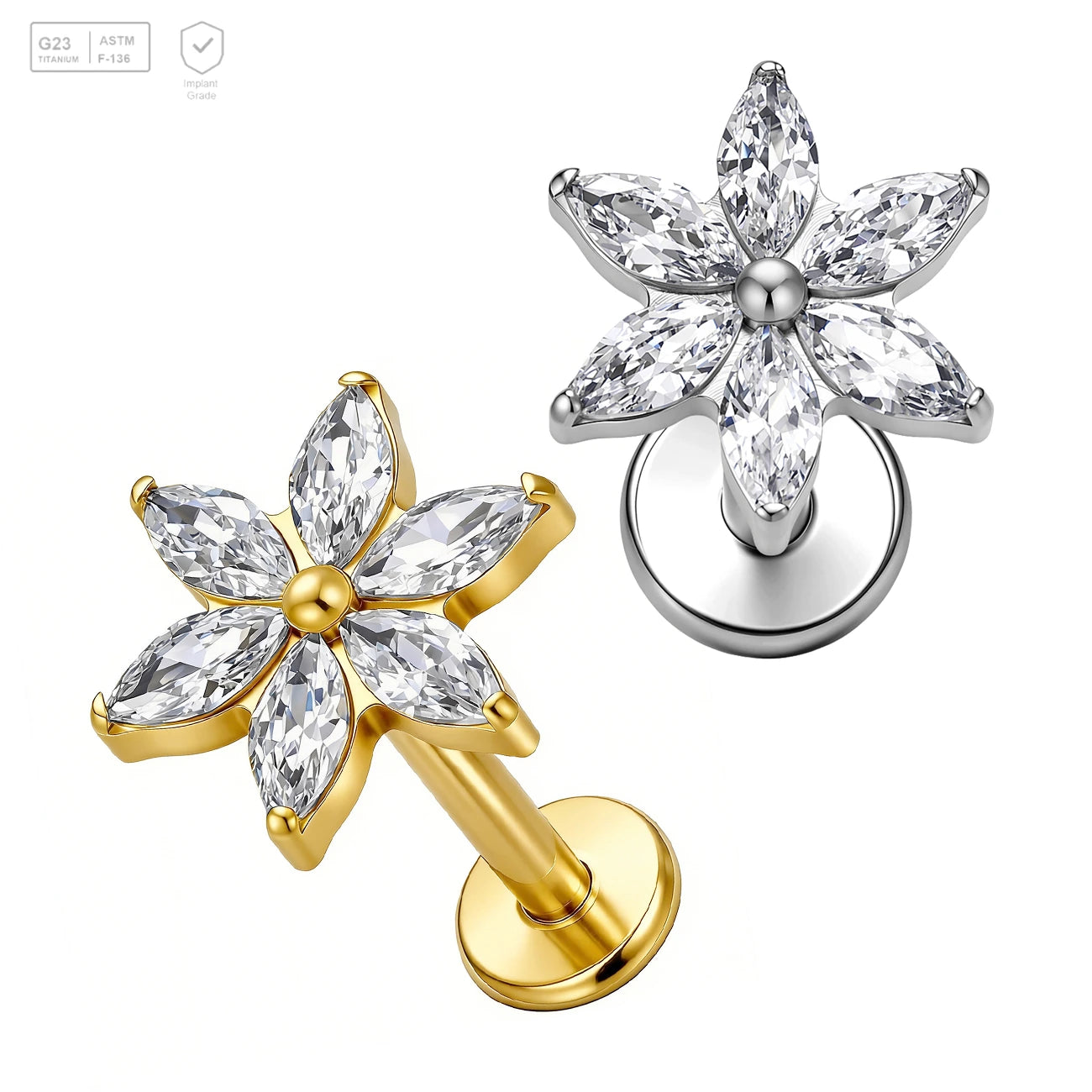 Pack of 5 G23 ASTM F136 Titanium Labret Stud | Threadless Push-In & Internally Threaded | Ear Stud Earring with Zirconia