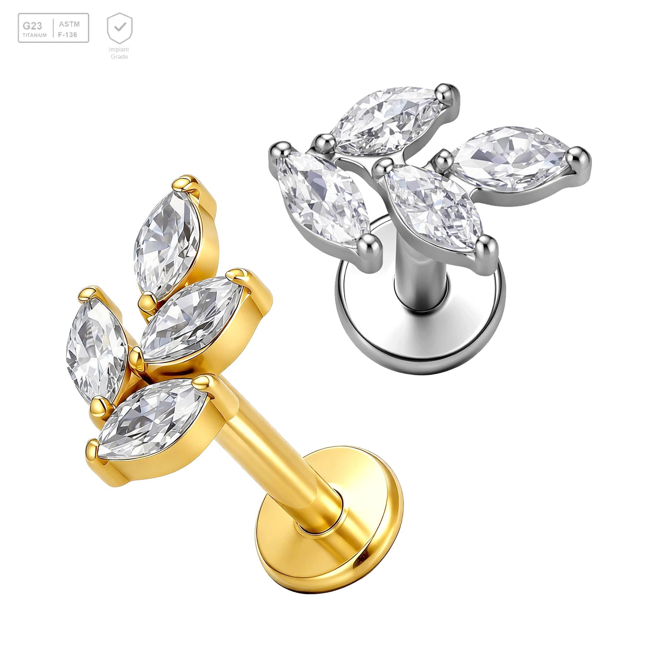 Pack of 5 G23 ASTM F136 Titanium Labret Stud | Threadless Push-In & Internally Threaded | Ear with Gold Plating Top Ear Stud