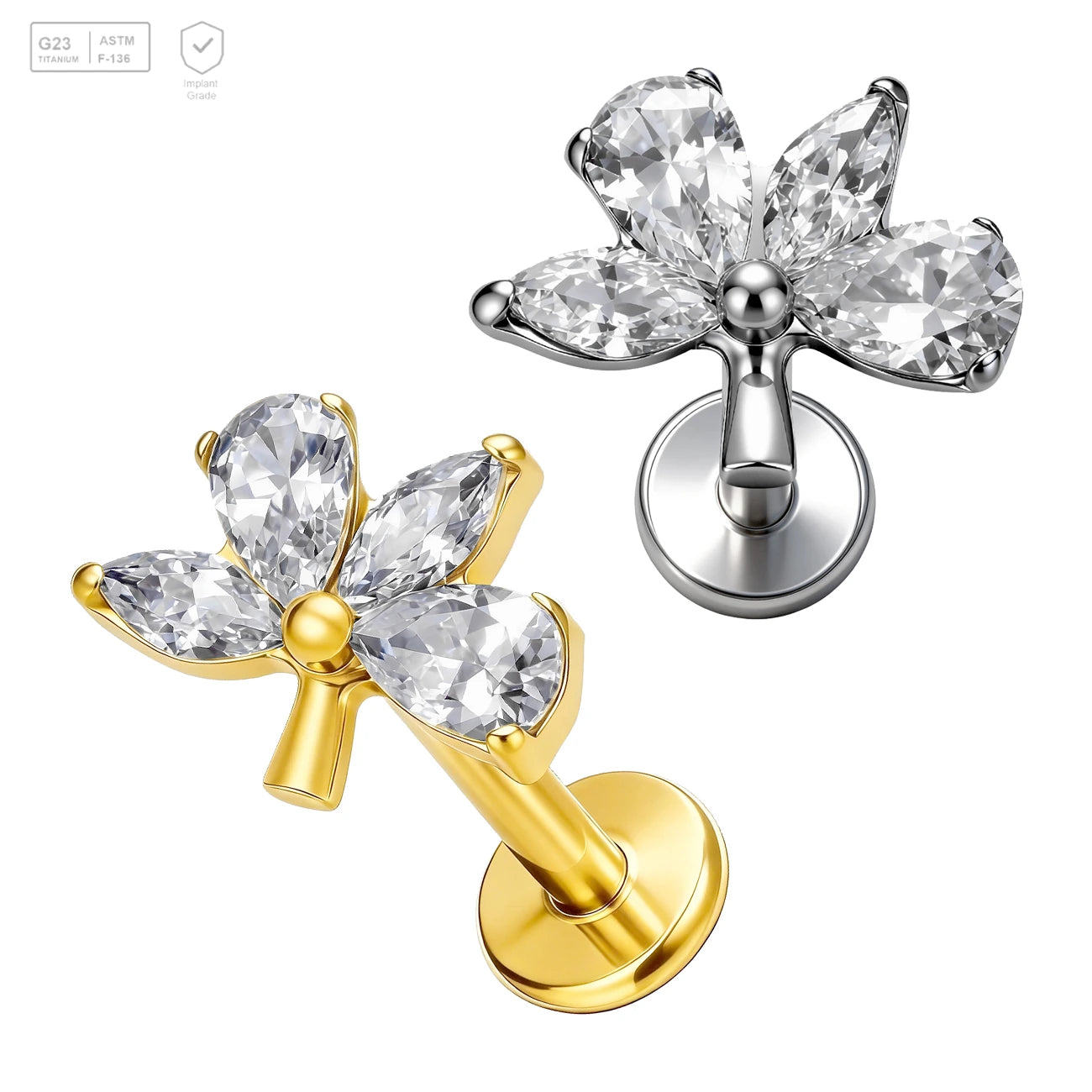 Pack of 5 G23 ASTM F136 Titanium Labret Stud | Threadless Push-In & Internally Threaded | Zircon Piercing Flat Back Stud