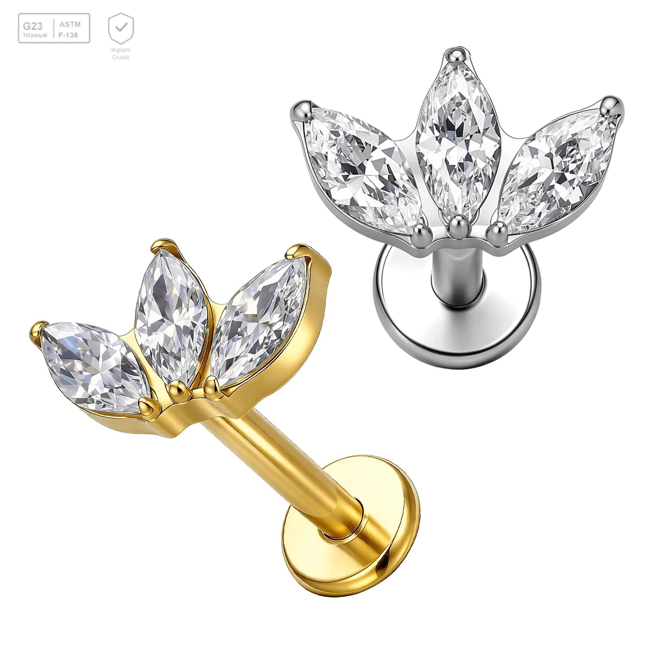 Pack of 5 G23 ASTM F136 Titanium Labret Stud | Threadless Push-In & Internally Threaded | Triple 5A CZ Stud Earring Lotus