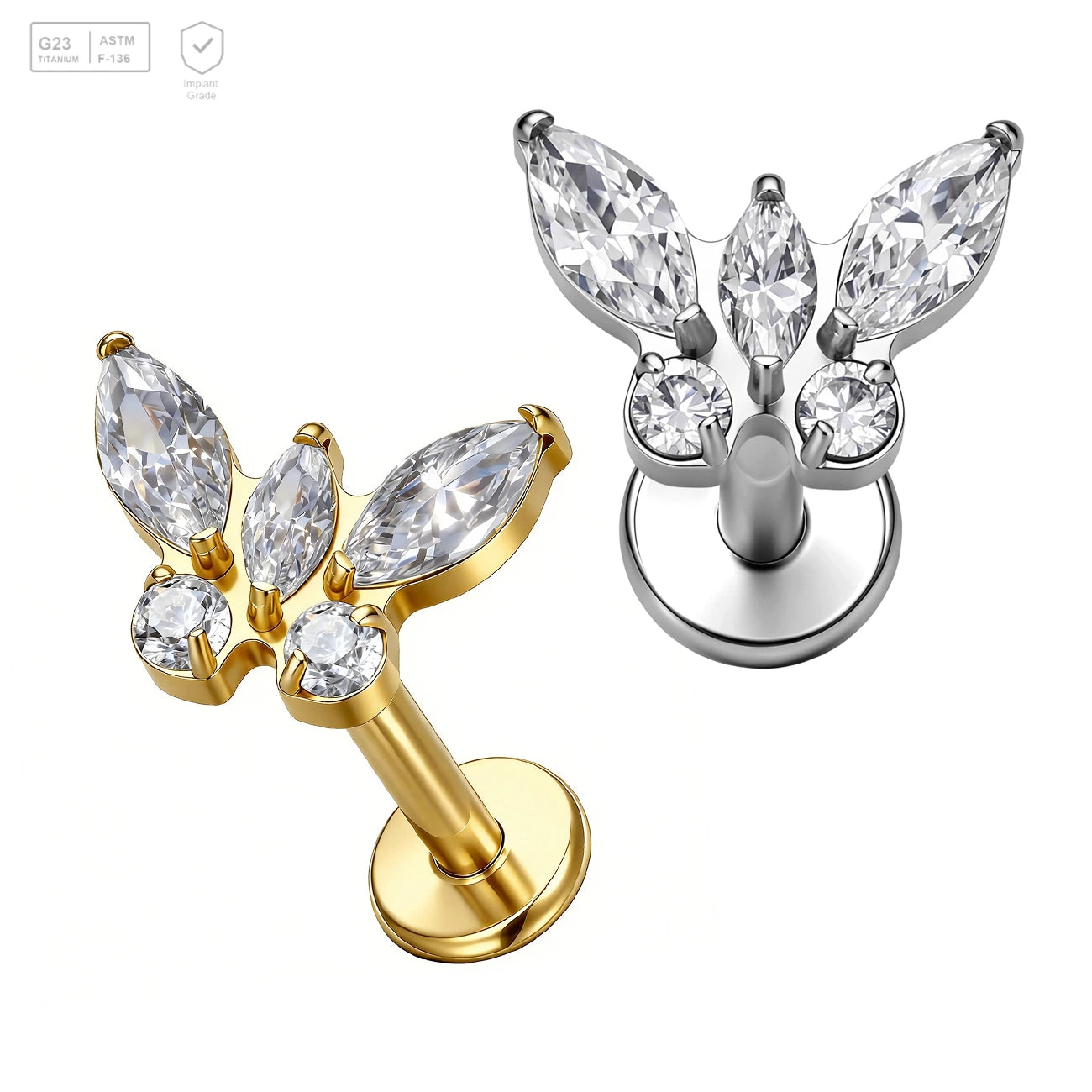 Pack of 5 G23 ASTM F136 Titanium Labret Stud | Threadless Push-In & Internally Threaded | 16G Butterfly Ear Tragus Cartilage