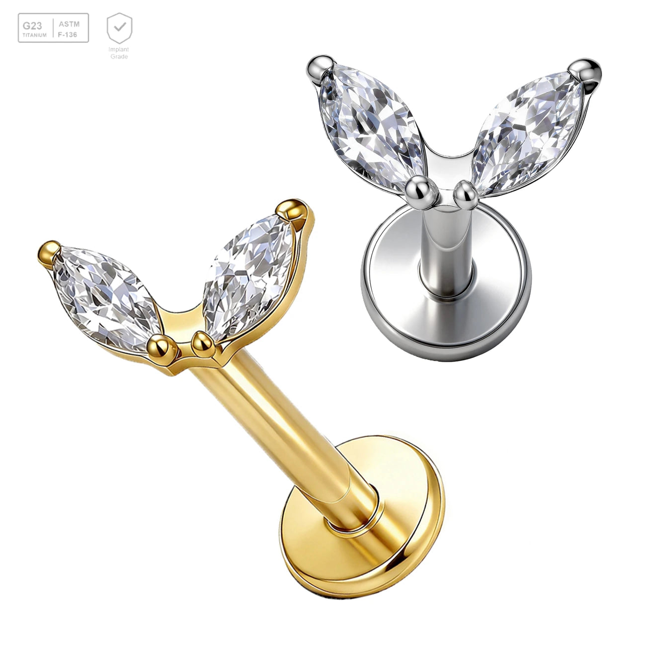 Pack of 5 G23 ASTM F136 Titanium Labret Stud | Threadless Push-In & Internally Threaded | Zircon Gold Plated Tragus Helix