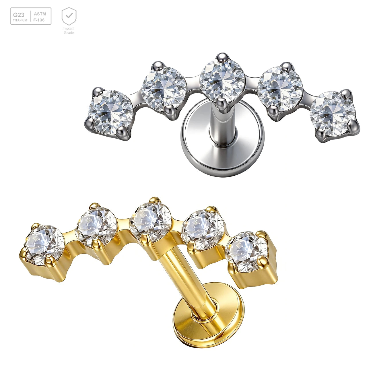 Pack of 5 G23 ASTM F136 Titanium Labret Stud | Threadless Push-In & Internally Threaded | 16G 5 Round CZ Helix Conch