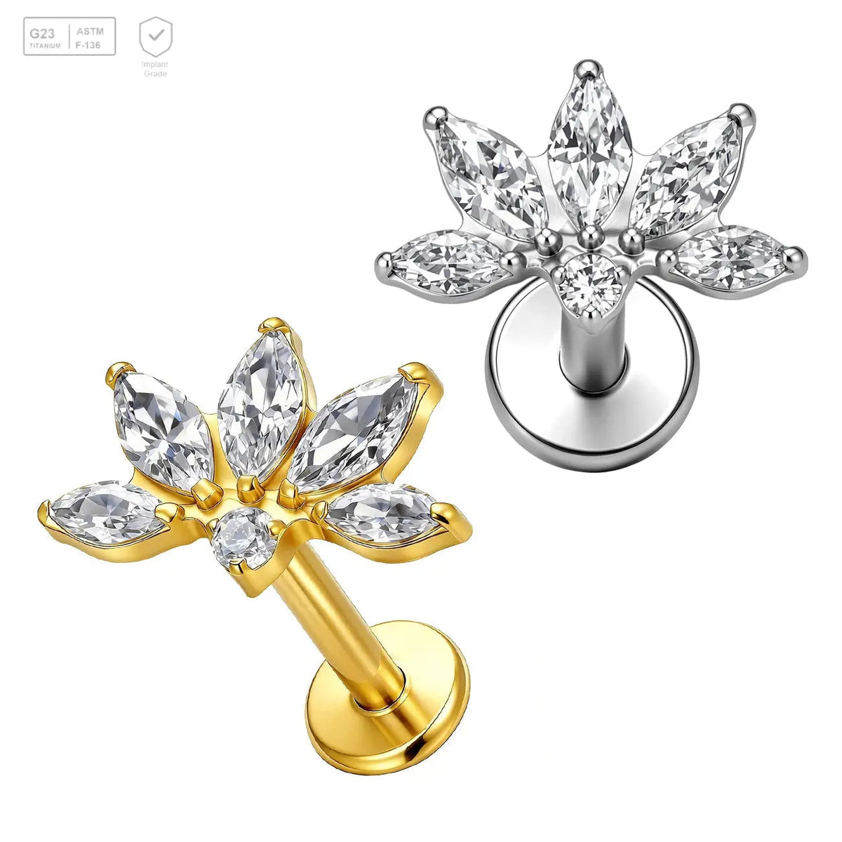 Pack of 5 G23 ASTM F136 Titanium Labret Stud | Threadless Push-In & Internally Threaded | Classic Flatback Ear Stud with Cut