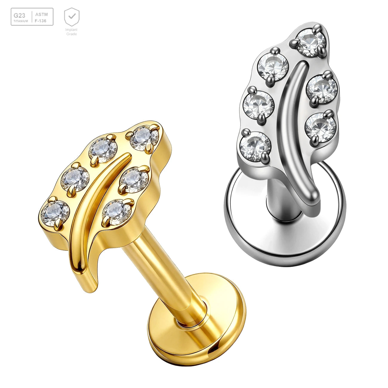 Pack of 5 G23 ASTM F136 Titanium Labret Stud | Threadless Push-In & Internally Threaded | Gold Plated Zircon Paved Leaf Helix