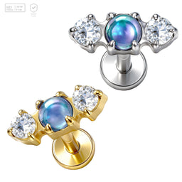 Pack of 5 G23 ASTM F136 Titanium Labret Stud | Threadless Push-In & Internally Threaded | Gold 16G Triple Beads CZ Zircon