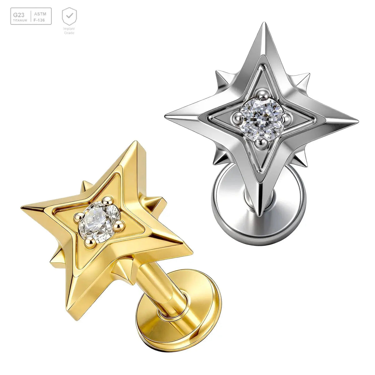 Open Four-Point Star Gem Titanium Labret Stud
