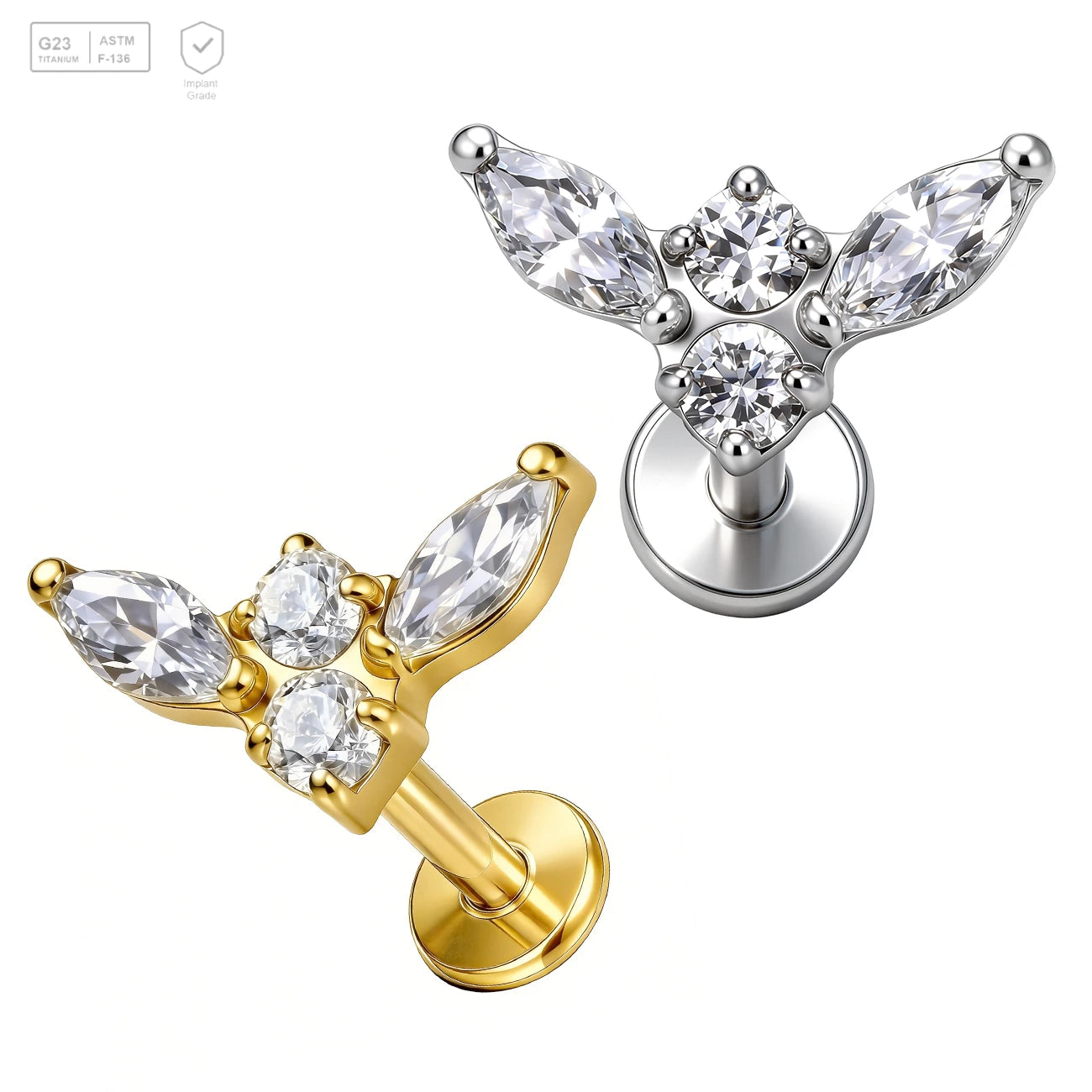 Pack of 5 G23 ASTM F136 Titanium Labret Stud | Threadless Push-In & Internally Threaded | 16G Piercing CZ Butterfly Cartilage