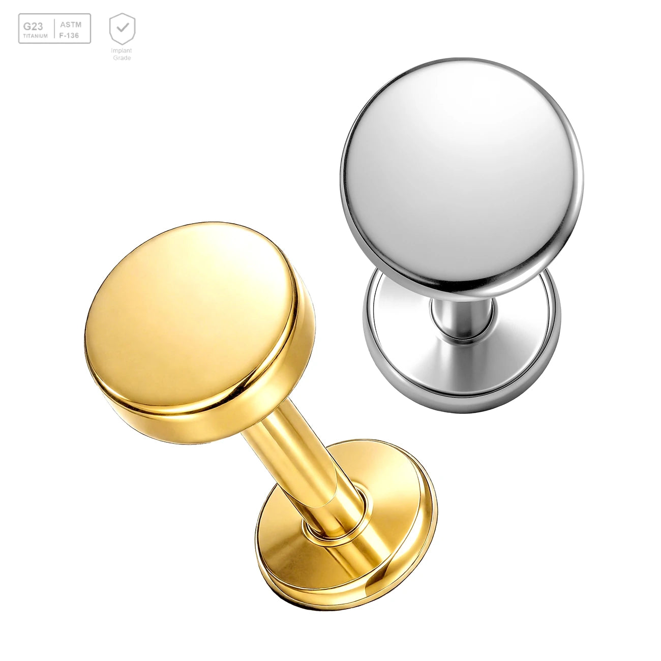 Pack of 5 G23 ASTM F136 Titanium Labret Stud | Threadless Push-In & Internally Threaded | Gold Plated 16G Ear Studs Top