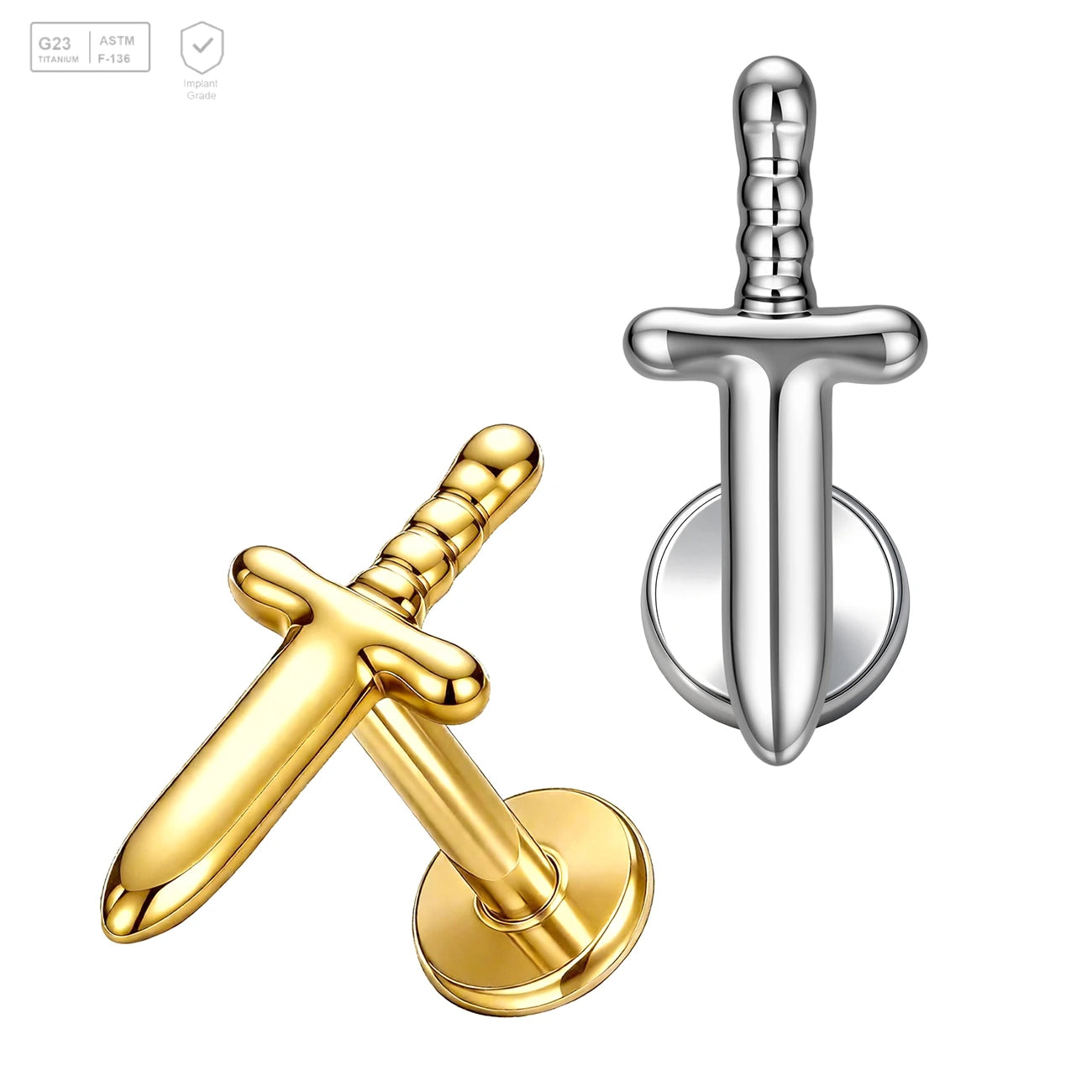Pack of 5 G23 ASTM F136 Titanium Labret Stud | Threadless Push-In & Internally Threaded | 16G Swords Style Earrings Lip