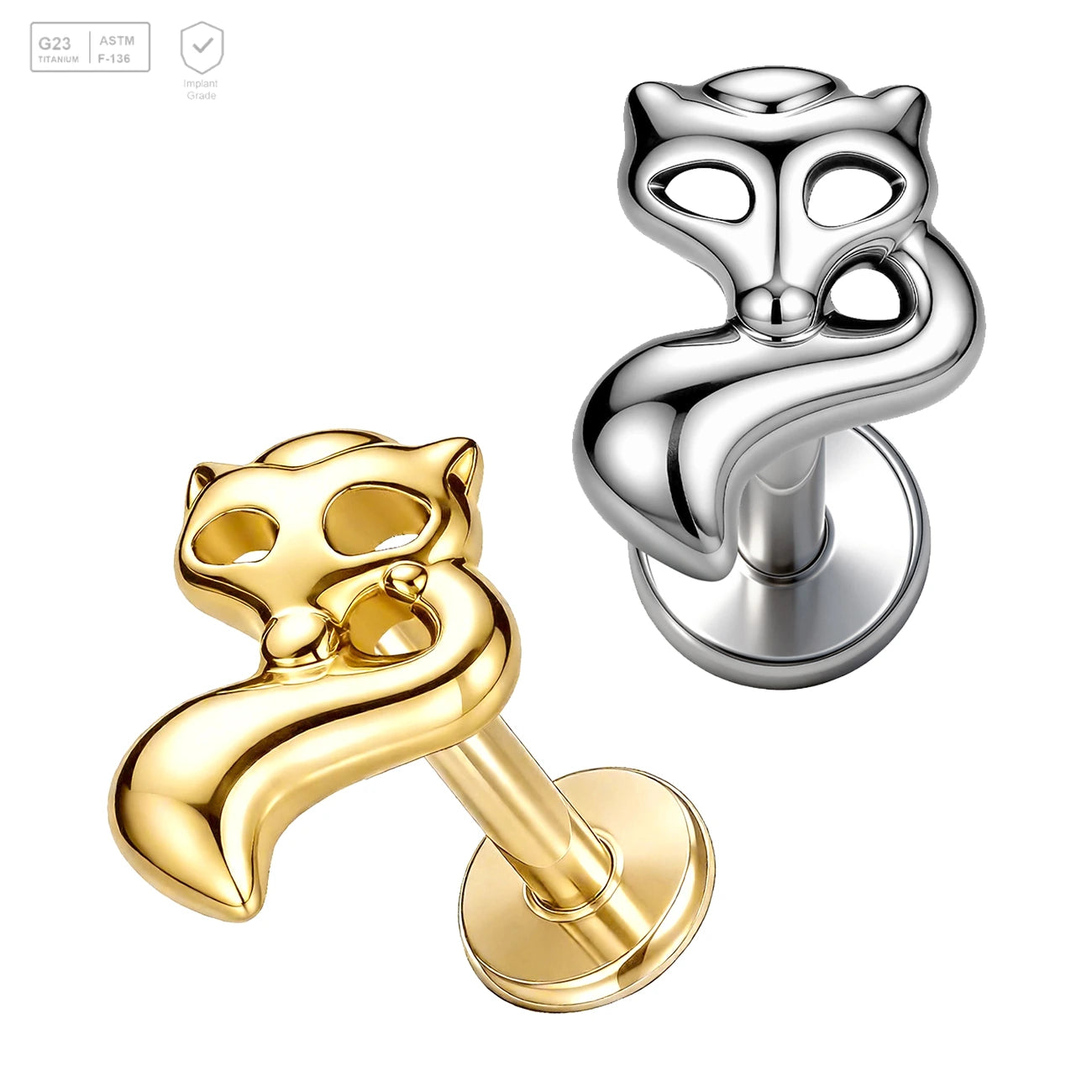 Pack of 5 G23 ASTM F136 Titanium Labret Stud | Threadless Push-In & Internally Threaded | Gold 16G Fox Shape Earrings