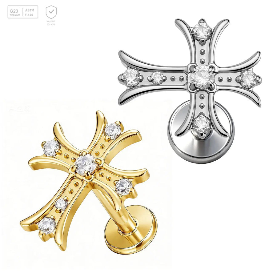 Curved-Arm Pave Cross Titanium Labret Stud