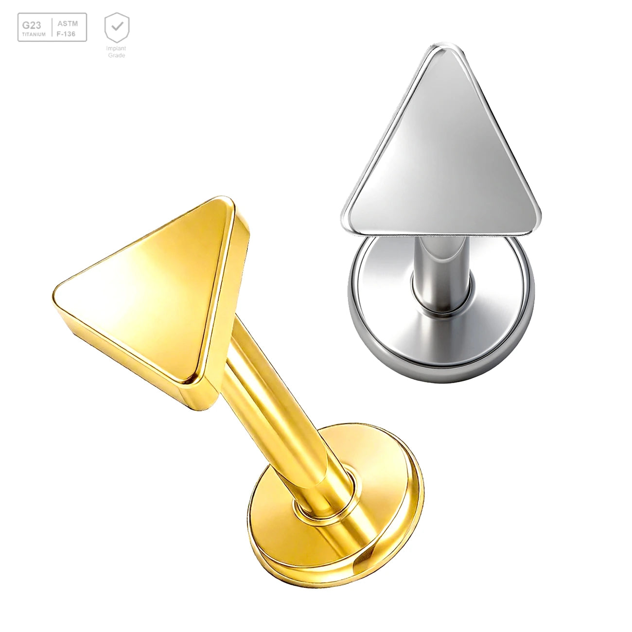 Pack of 5 G23 ASTM F136 Titanium Labret Stud | Threadless Push-In & Internally Threaded | Flat Back Triangle Ear Studs Round