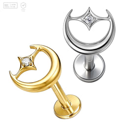 Pack of 5 G23 ASTM F136 Titanium Labret Stud | Threadless Push-In & Internally Threaded | Moon Star CZ Celestial Night Sky