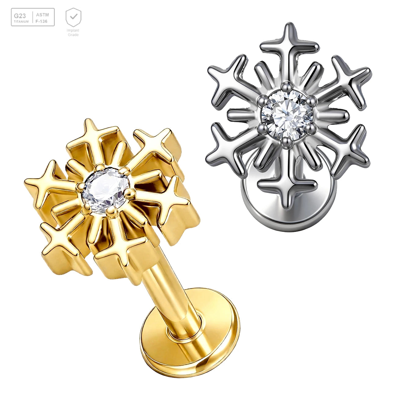 Pack of 5 G23 ASTM F136 Titanium Labret Stud | Threadless Push-In & Internally Threaded | Snow Shaped Ear Studs with Flat