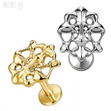 Pack of 5 G23 ASTM F136 Titanium Labret Stud | Threadless Push-In & Internally Threaded | Hollow Floral Top Sliver Gold With