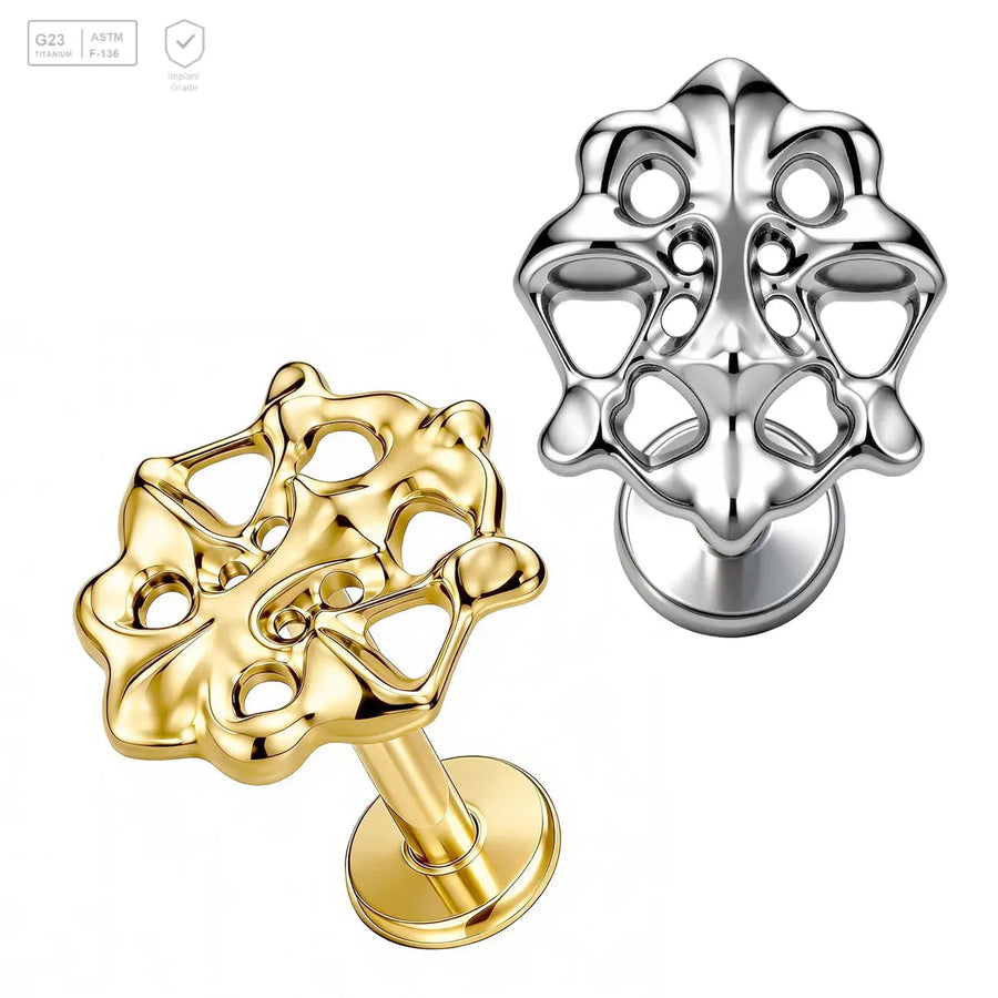 Pack of 5 G23 ASTM F136 Titanium Labret Stud | Threadless Push-In & Internally Threaded | Hollow Floral Top Sliver Gold With