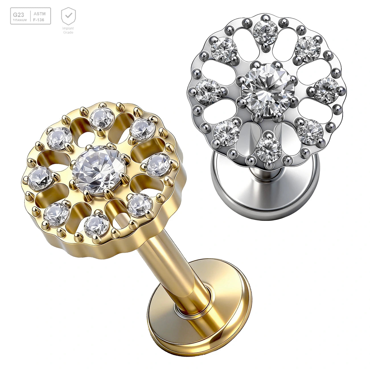 Pack of 5 G23 ASTM F136 Titanium Labret Stud | Threadless Push-In & Internally Threaded | High Quality 24K Gold Plated Ear