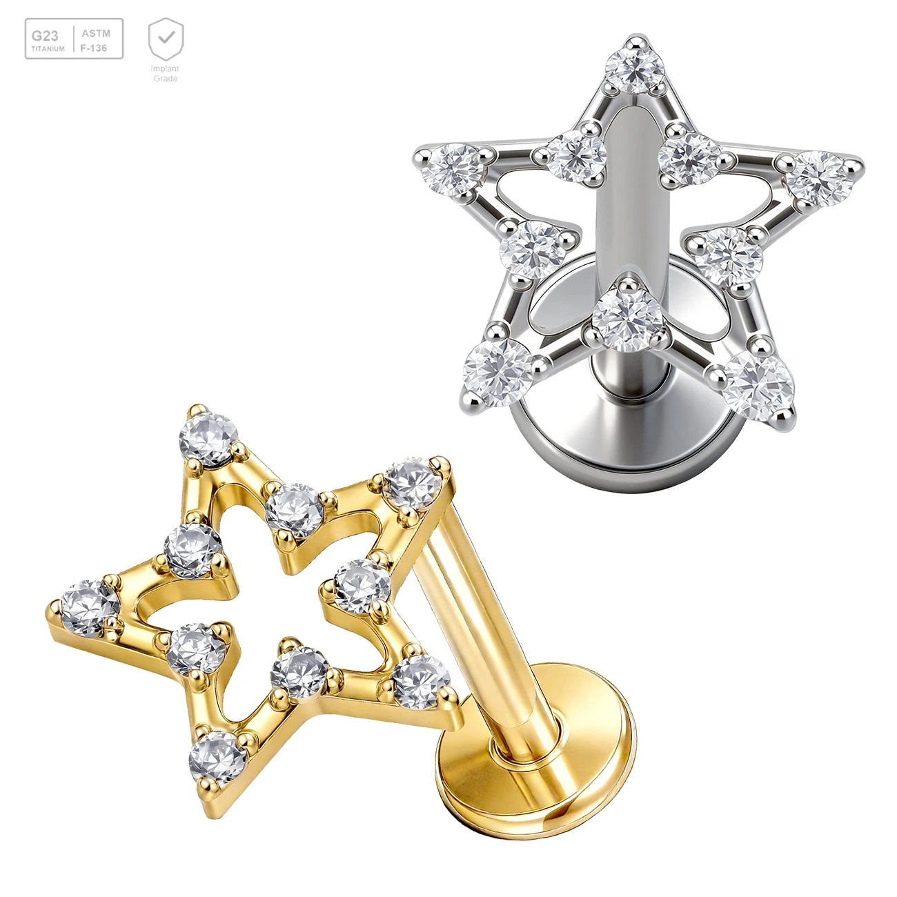 Pack of 5 G23 ASTM F136 Titanium Labret Stud | Threadless Push-In & Internally Threaded | Zircon Ear Cartilage Studs High